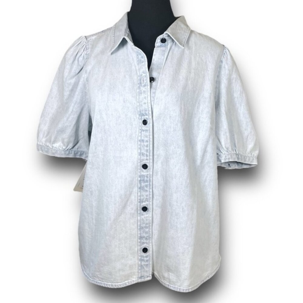 NWT Aritzia Wilfred Free Pale Denim Button Blouse Auteur Coastal Western Sz L